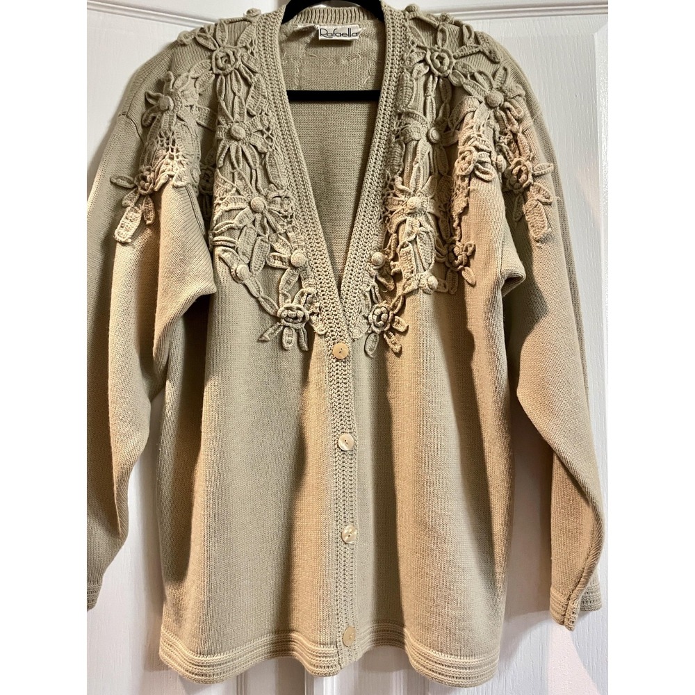 Vintage Rafaella Cardigan Sweater Womens Large Beige Wool Crochet Floral 80s